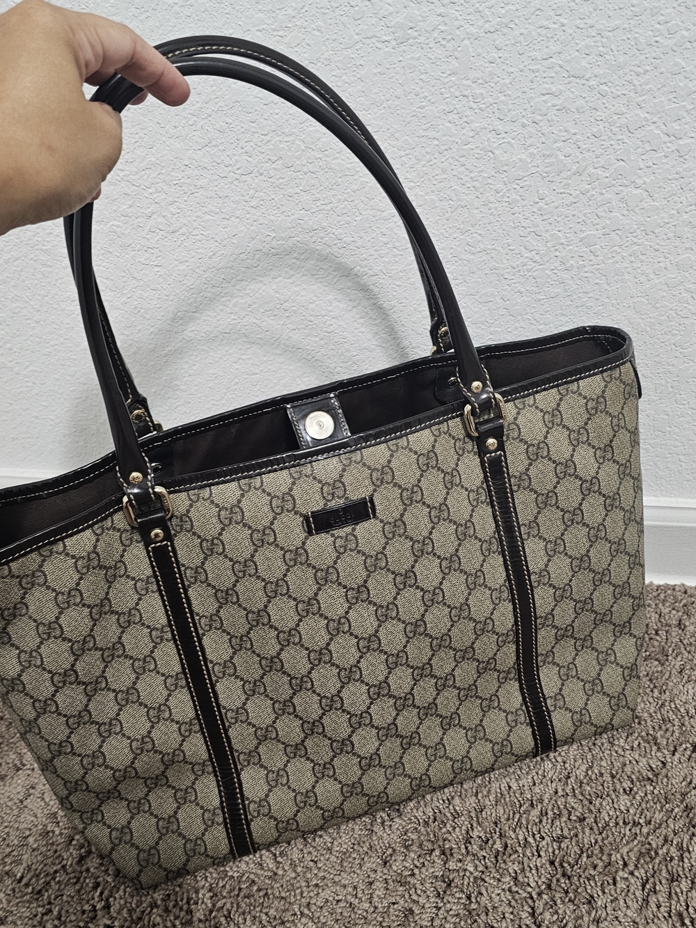 Gucci Beige GG Canvas Tote Bag with Dark Brown Trim